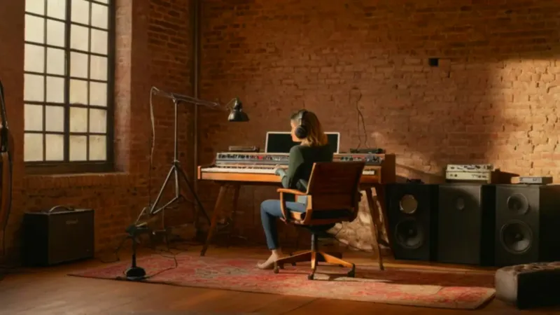 Mujer concentrada creando música en su estudio