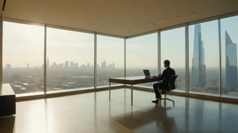 Profesional trabaja en oficina con vista urbana