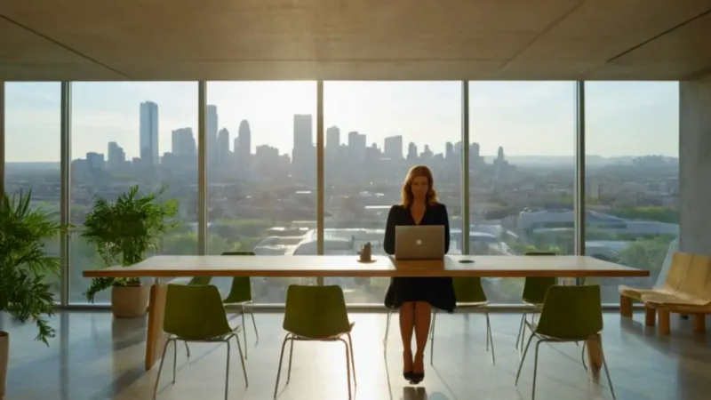 Mujer trabaja en un luminoso loft industrial