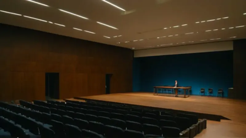 Mujer expone en un gran auditorio vacío
