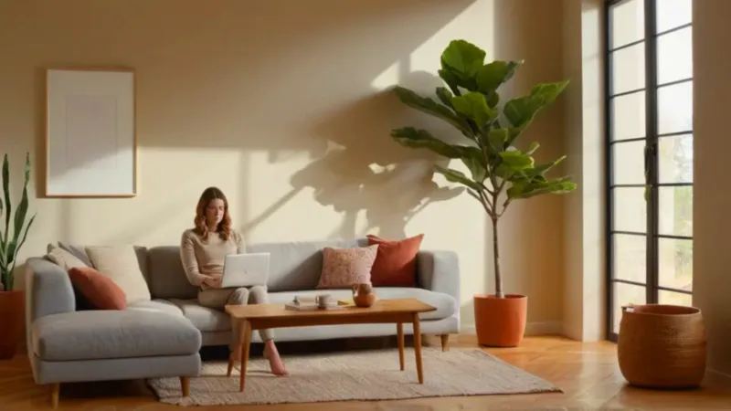 Mujer trabaja concentrada en un despacho luminoso