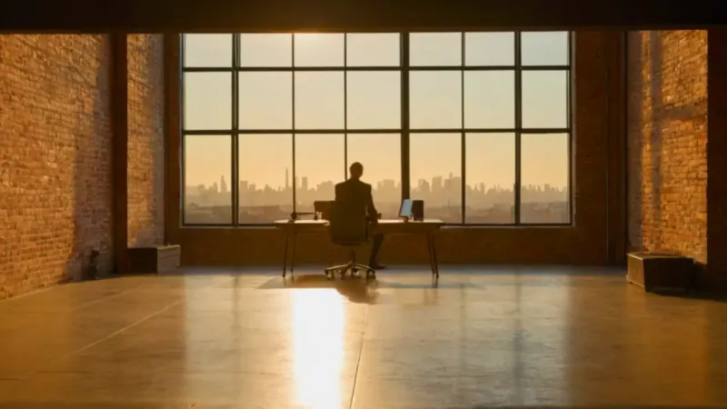 Figura solitaria en un loft al atardecer